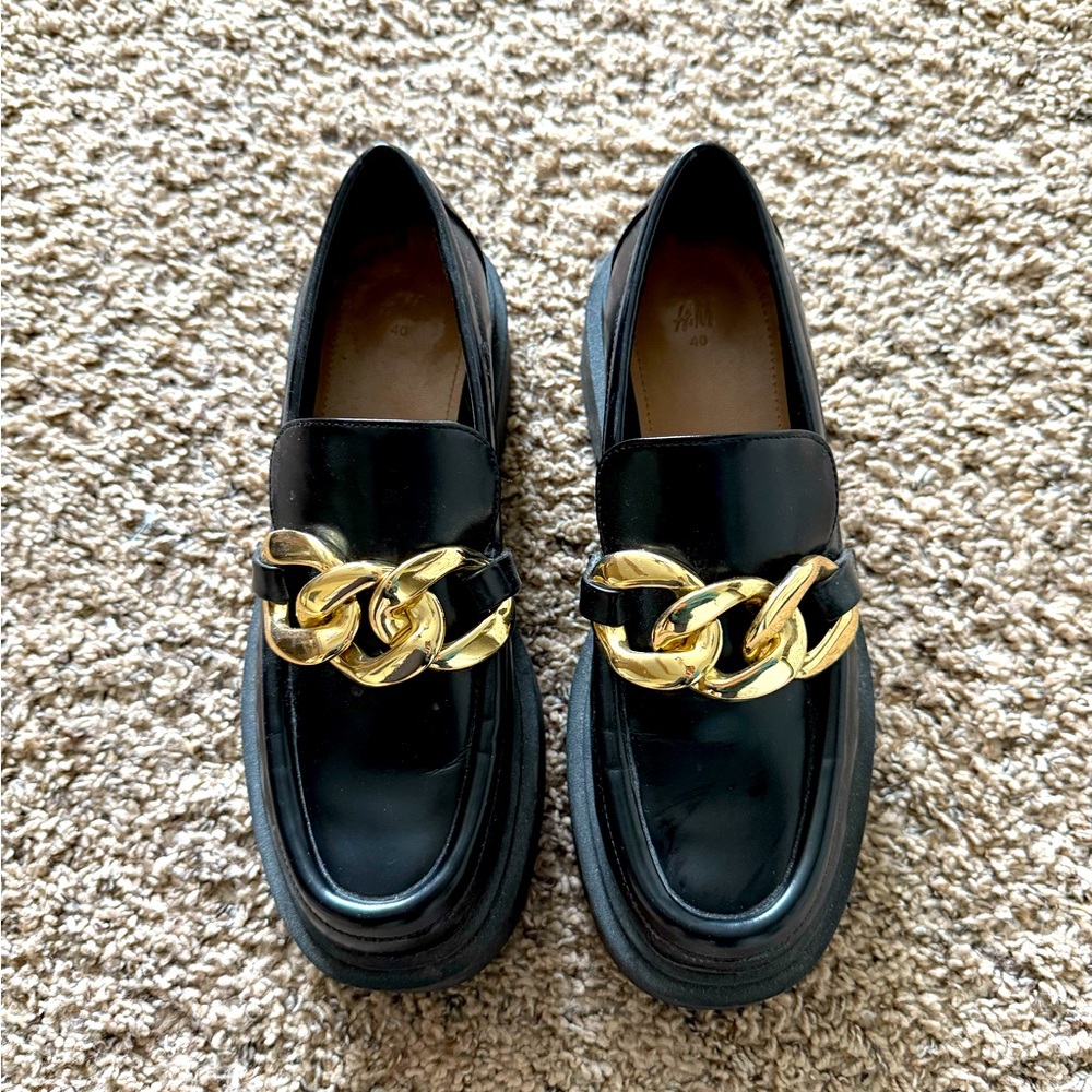 Chunky black loafers with gold chain; like new